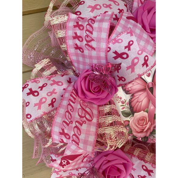 Pink Butterfly Breast Cancer Awareness Wreath Faith Hope Love Pink Ribbon Wreath - Picture 4 of 10